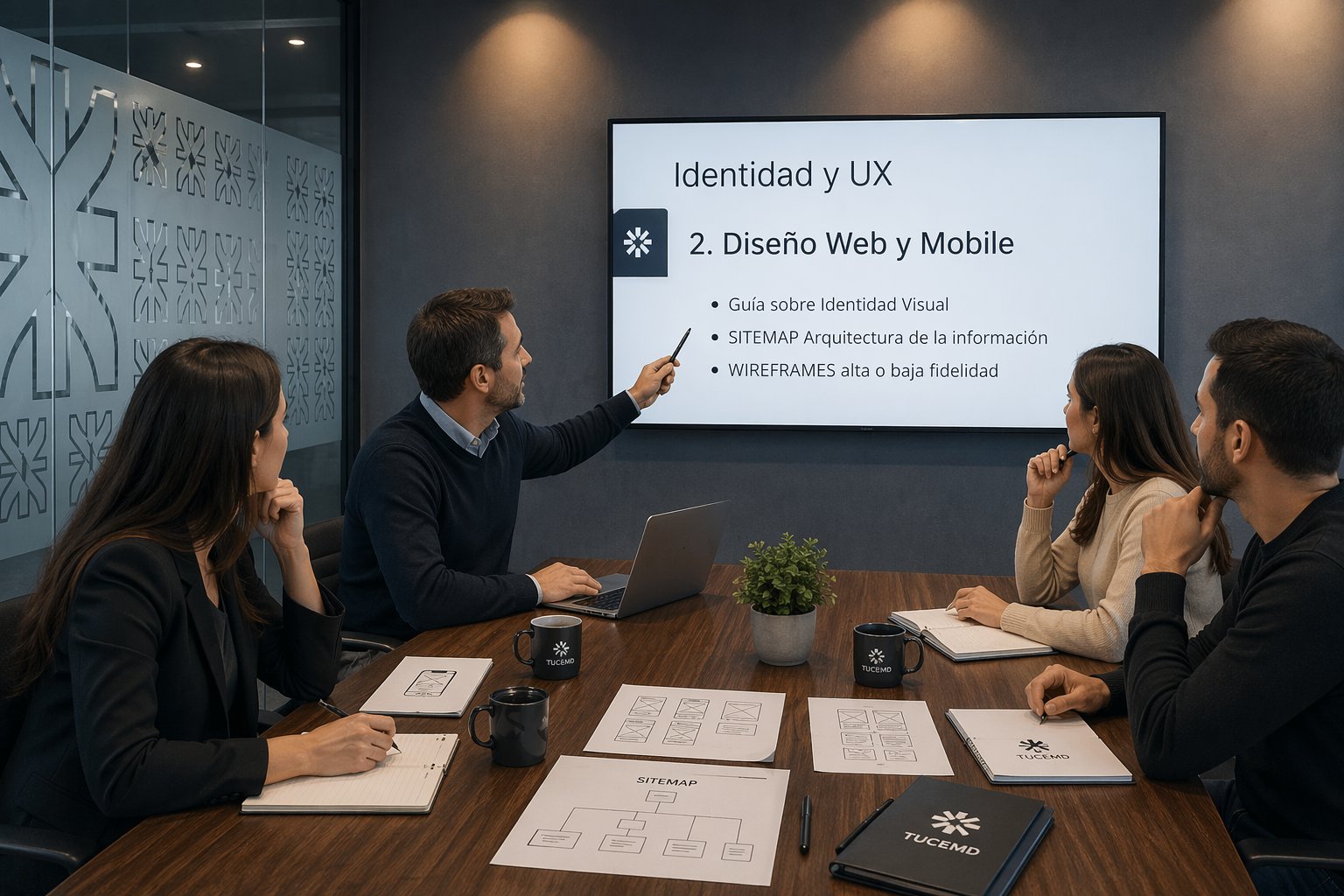 Reunión de trabajo sobre identidad y UX: guía de identidad visual, sitemap y wireframes.