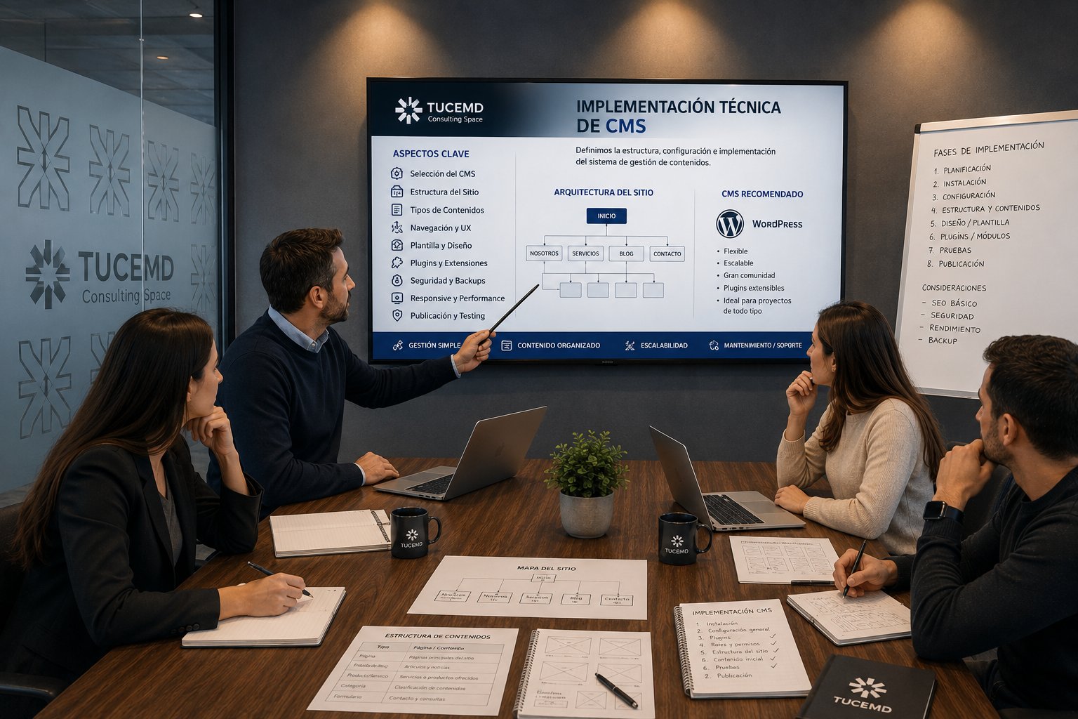 Reunión sobre implementación técnica de CMS: arquitectura del sitio y fases de implementación.