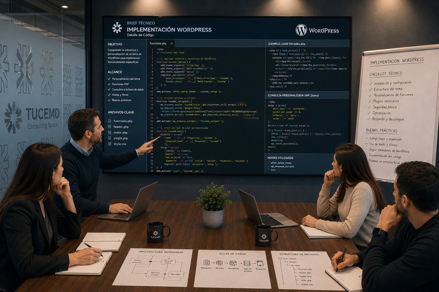 Equipo revisando el brief técnico de implementación en WordPress con código del tema en pantalla.