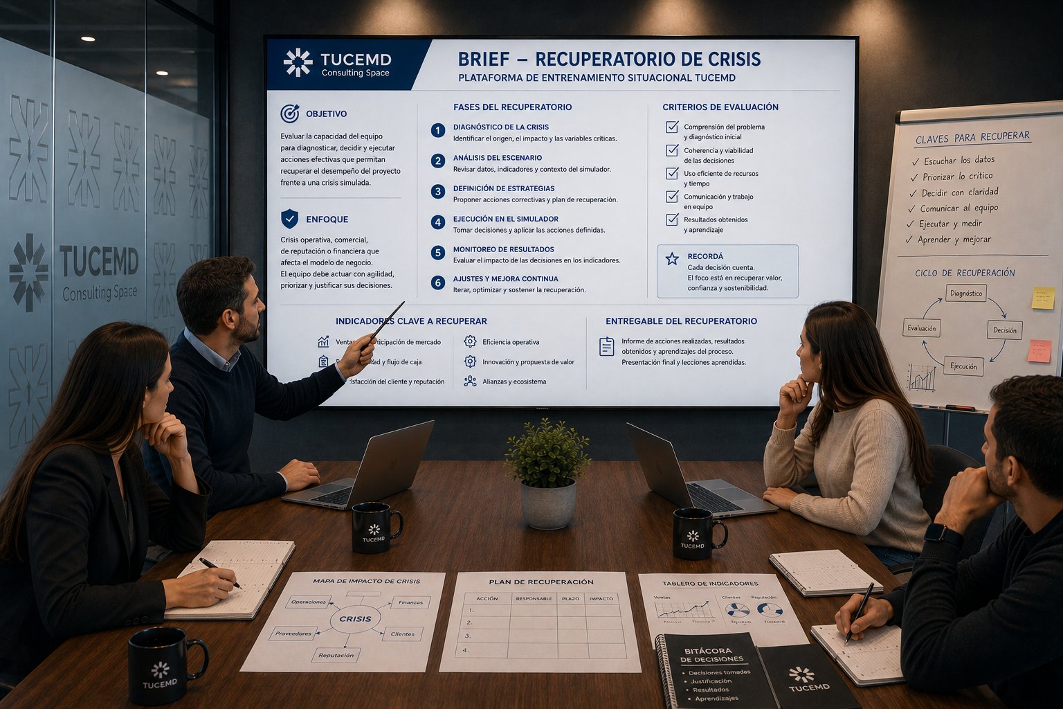 Equipo analizando en pantalla el brief del recuperatorio de crisis: diagnóstico, estrategias, ejecución y monitoreo.